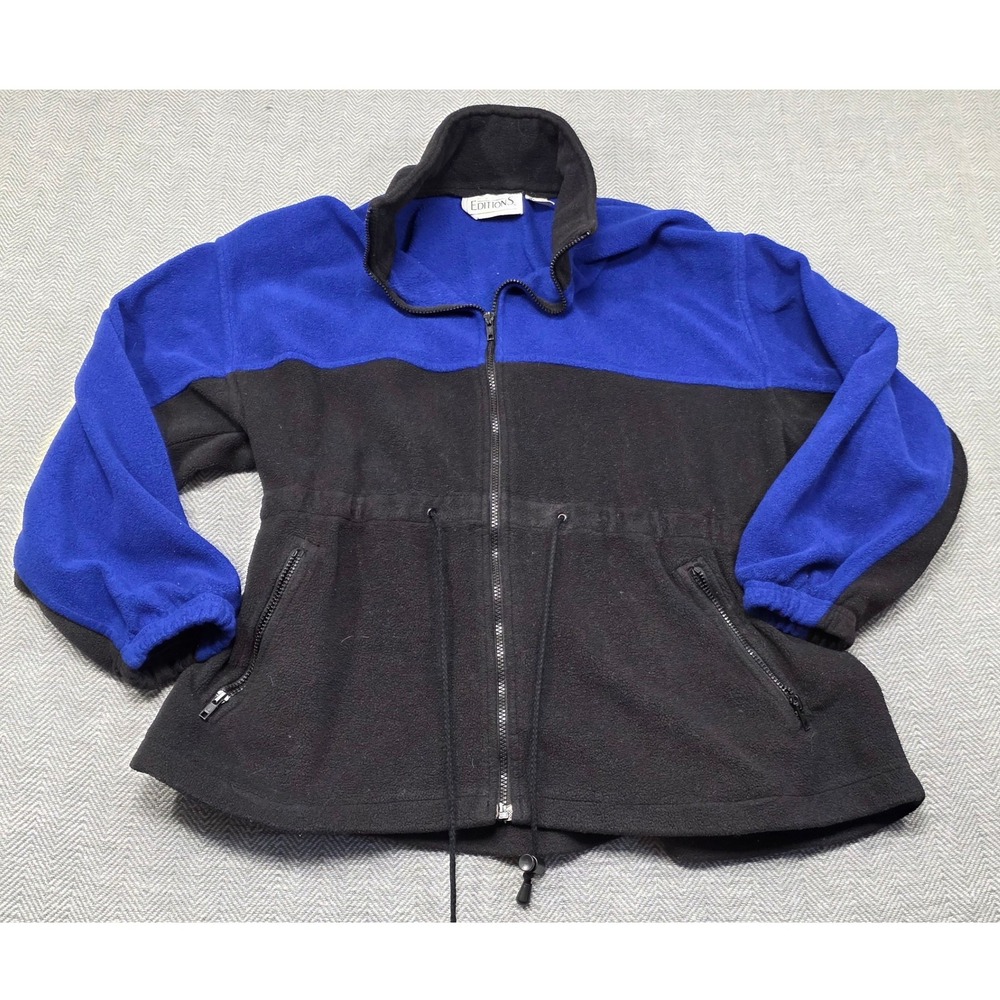 Basic Editions Blue Black Colorblock Fleece Jacket Full Zip Drawstring Large - Picture 2 of 9